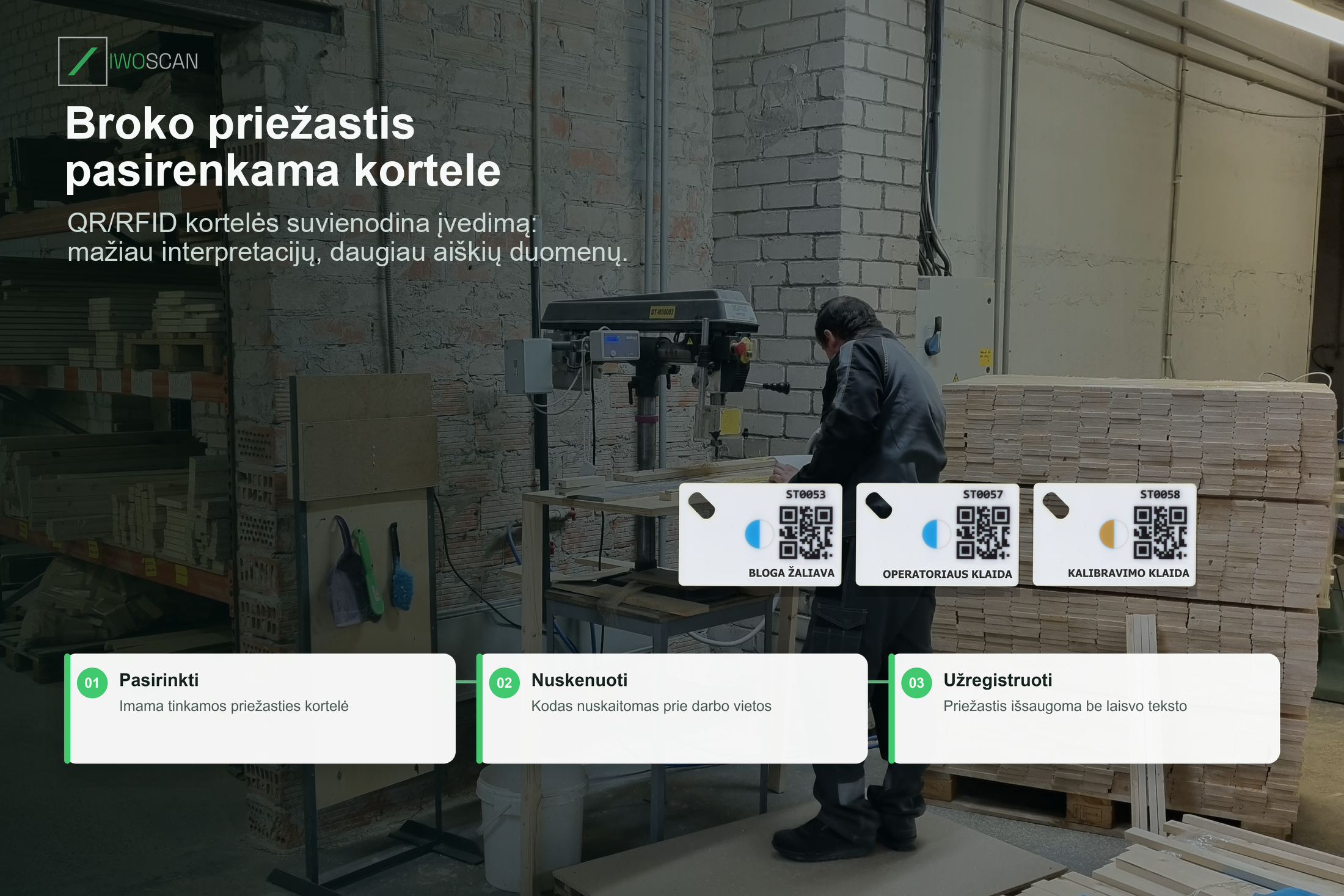 Nuosavos QR ir BAR kodų kortelės gamybos broko priežastims registruoti