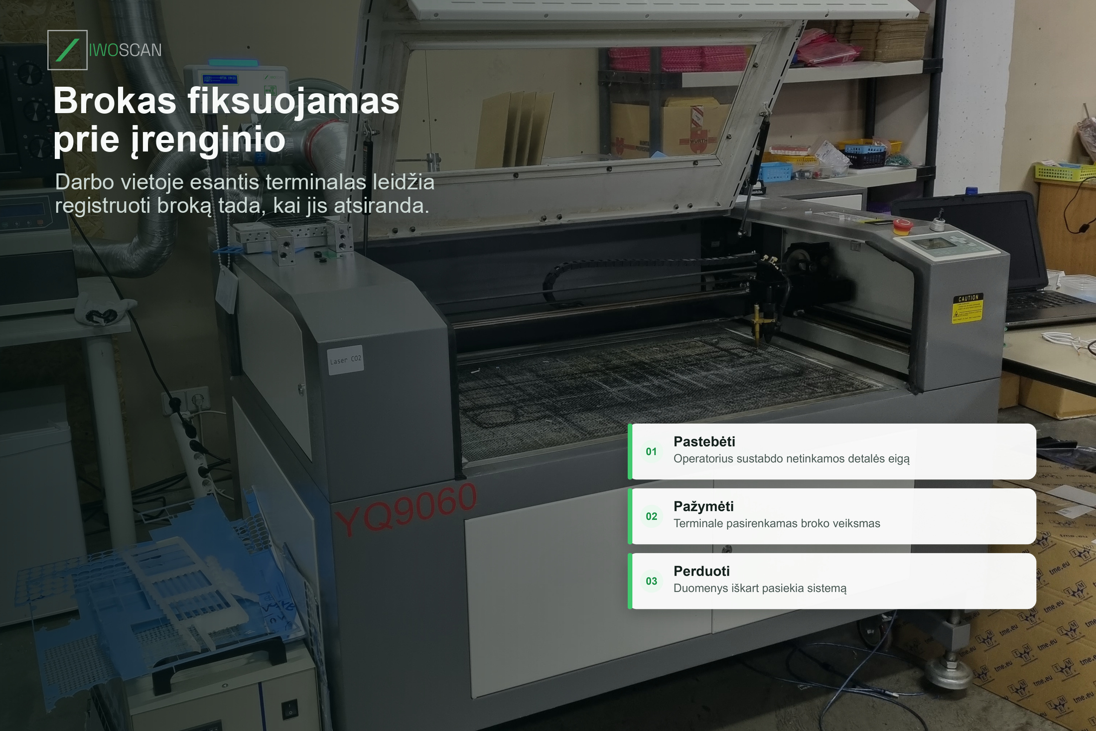Broko registravimas prie gamybos įrenginio realiu laiku